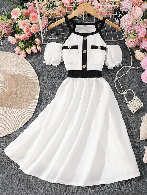 White Casual Collar Short Sleeve Polyester Colorblock,Plaid A Line Embellished Slight Stretch  Teen Girls Clothing Christmas Dress For Teens, Simple Flower Girl Dresses, Slytherin Clothes, Graduation Hair, Fav Outfit, Angel Fashion, Cute Dresses For Party, Aesthetic Dress, Christmas Clothes