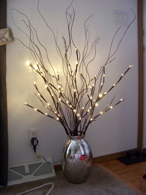 Mercury vase, lighted twigs, misc twigs Floor Vase Decor, Romantic Room Decoration, Vase With Branches, Twig Lights, Lighted Branches, Romantic Room, Vase With Lights, Branch Decor, Floor Vase