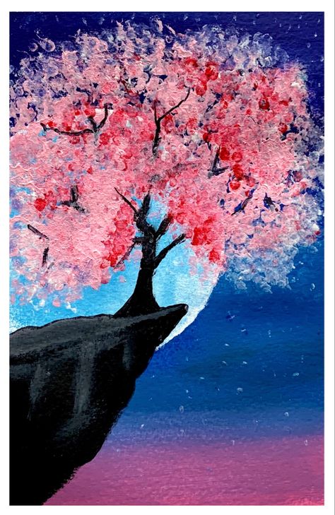 Cherry Tree Acrylic Painting, Sakura Cherry Blossom Drawing, Cherry Blossom Landscape Painting, Sunset Tree Painting, Cherry Blossom Oil Pastel, Impressionism Art Easy, Sakura Tree Painting, Cherry Blossom Tree Painting, Daily Art Challenge