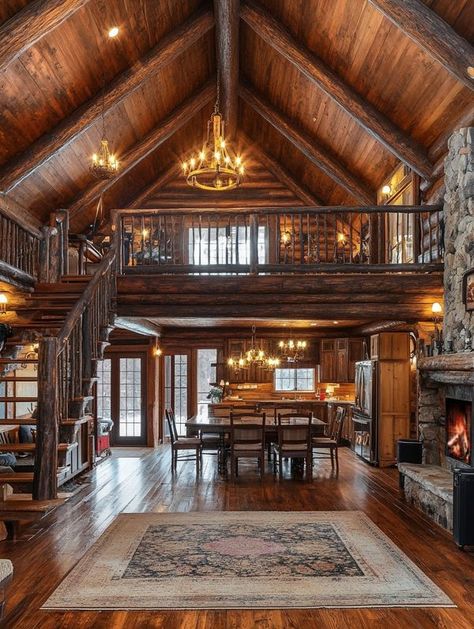 Cute Loft Apartment, Dream House Dining Room, Bush Cabin, Hunting Shack, Modern Cabins, Cabin Interior Design, Log Home Living, Log Home Designs, Cabin Aesthetic