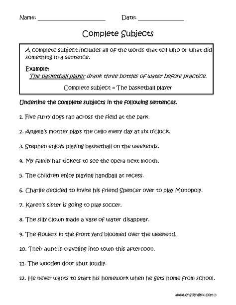 Complete Subjects Worksheets Simple Subject And Predicate, Compound Subjects And Predicates, Complete Predicate, Complete Subject And Predicate, Simple Predicate, Subject Predicate, Compound Subject, Complete Subject, Sentence Activities