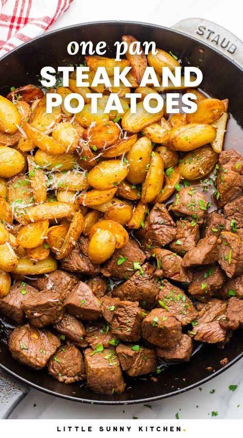 Garlic Butter Steak and Potatoes are perfectly cooked in the same pan, so that dinner is completely ready in under 40 minutes. Easy Evening Meals, Garlic Butter Steak And Potatoes, Butter Steak And Potatoes, Meat And Potatoes Recipes, Steak And Potatoes, Little Sunny Kitchen, Au Gratin Recipes, Canapes Recipes, Steak Dishes