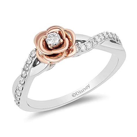 Jewelili Enchanted Disney Fine Jewelry Sterling Silver and 10K Rose Gold 1/5 Cttw Diamond Belle Rose Ring Rose Diamond Ring, Enchanted Disney, Enchanted Disney Fine Jewelry, Disney Belle, Designer Diamond Jewellery, Helzberg Diamonds, Bridal Jewelry Collection, Fine Diamond Jewelry, Rose Ring