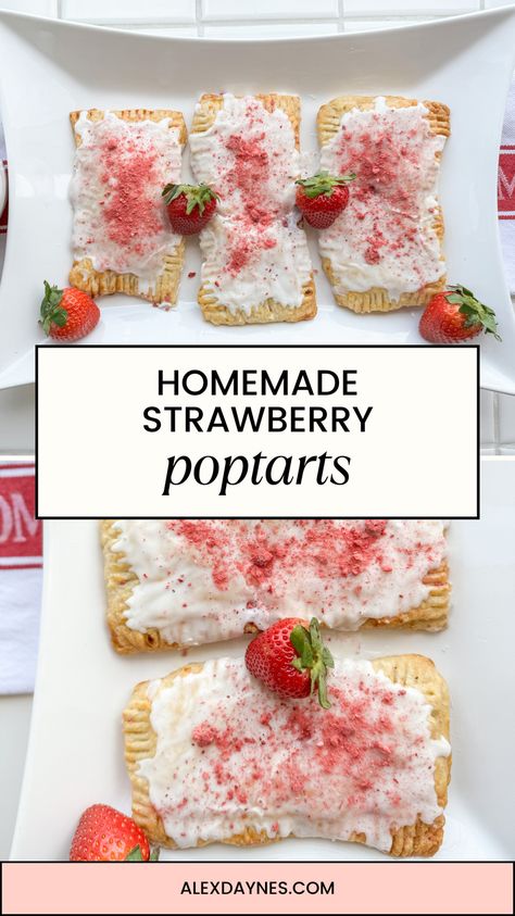 Enjoy a taste of childhood nostalgia with this homemade Strawberry Poptart recipe! It has all the flavors of your childhood favorite treat, with no processed junk. The crust of the Poptart is made in just a few minutes with 5 simple ingredients. The filling is a fresh, flavorful homemade strawberry preserve topped with icing and freeze-dried strawberries. Make it with me! Freeze Dried Strawberry Recipes, Strawberry Poptart, Homemade Poptarts, Strawberry Pop Tarts, Strawberry Preserve, Strawberry Pop, Poptart Recipe, Strawberry Pop Tart, Powdered Food Coloring