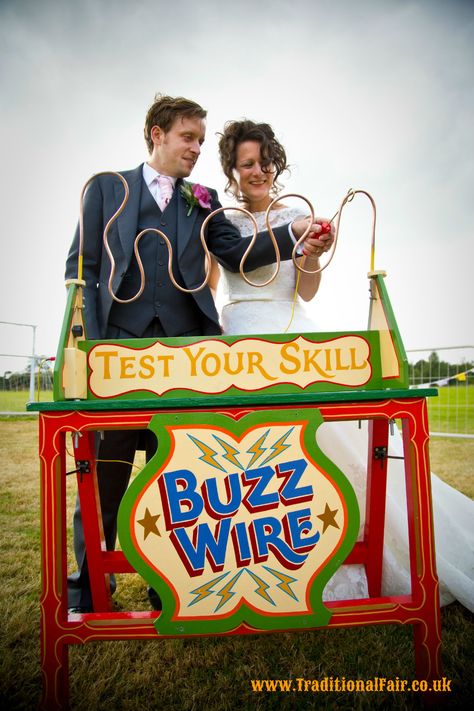 Wedding couple, playing Buzz Wire game. Splat The Rat, Carnival Wedding Theme, Fairground Games, Game Booth, Childrens Swings, Fall Carnival, Halloween Circus, Event Games, Carnival Wedding