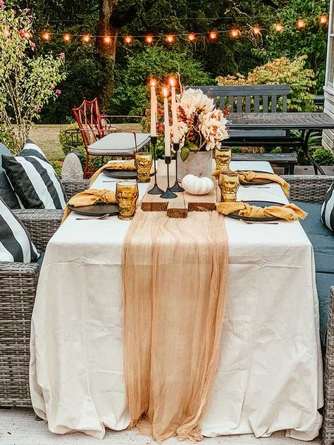 Easy Fall Outdoor Table with Drop Cloth |drop cloth tablecloth|diy tablecloth|fall outdoor table|farmhouse table|outdoor entertaining|farmhouse style|wedding table|wedding table setting|gauze table runner|cheesecloth table runner|simple fall decor|easy fall table|fall centerpiece|simple farmhouse table|pumpkin table setting|fall pumpkin table|cozy table setting|cozy fall|hygge home|Hallstrom Home Drop Cloth Tablecloth, Diy Tablecloth, Cheesecloth Table Runner, Diy Outdoor Table, Event Centerpiece, Special Events Decor, Fall Table Settings, Mesa Exterior, Simple Table