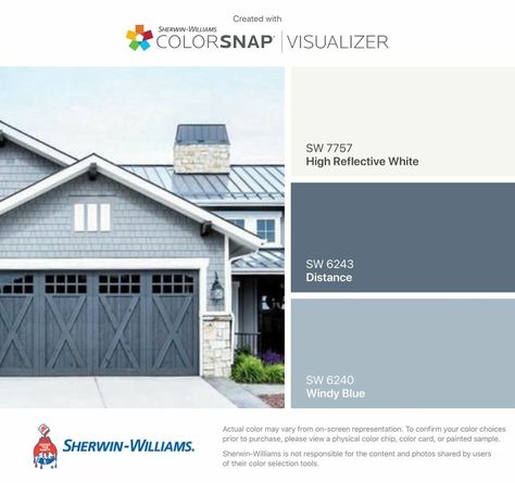 Country House Paint Colors Exterior, Blue And Grey House Exterior, House External Colour Scheme, Blue Roof House Colors, Gray Paint Exterior House, Sky High Sherwin Williams, Blue Roof House Colors Exterior Paint, Exterior Coastal House Colors, Grey Blue Exterior House Colors