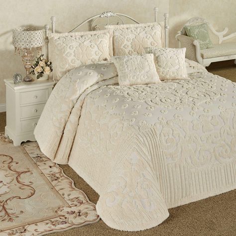 PRICES MAY VARY. Cotton,chenille Luxurious & comfortable bedding Soft pure cotton chenille bedding Oversized bedspread has a 24" drop Bedspread Set includes a bedspread and two shams Bedspread measures 108 x 120 Luxuriate in comfort! The Laurent Ecru Chenille Grande Bedspread Set includes an oversized bedspread and two shams. Crafted from soft pure cotton, the ecru bedding has tufted chenille scrollwork, medallions, florals, and straight lines. Grande bedspread has a 24 drop. Choose Grande Full, Chenille Bedding, Luxury Bedspreads, White Bedspreads, Cal King Bedding, Queen Bedspread, Chenille Bedspread, California King Bedding, Queen Comforter Sets, Bedspread Set