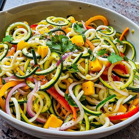 Caribbean Spiralized Zucchini and Squash Salad - Mika's Table -Flavors of Island Cuisine Zucchini And Squash, Spiralized Zucchini, Zucchini Salad, Squash Salad, Spiralizer Recipes, Yellow Squash, Vegetarian Paleo, Healthy Dishes, Fresh Veggies