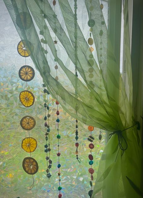 Bead Window Decor, Window Decor Ideas Aesthetic, Maximalist Window Decor, House Decor Cottagecore, Eclectic Window Decor, Crowcore Room Ideas, Solarpunk Room Decor, Room Garland Decor, Craft Room Curtains Ideas