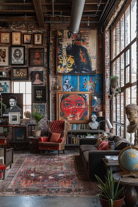 29 Eclectic Home Decor Ideas to Revamp Your Living Space 2 Artist Living Room Aesthetic, Eclectic Office Decor Interior Design, Eclectic Window Decor, Eclectic Industrial Living Room, Bohemian Home Interior, Eclectic Cafe Design, House Interior Theme Ideas, Moody Loft Apartment, Artists Homes Interior