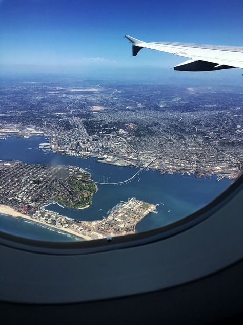 Taking off from San Diego International Airport (SAN) Pictured here from the bottom of the photo going up are Coronado, the Coronado Bay Bridge, downtown San Diego, Balboa Park, Hillcrest and beyond shortly after making a wide u-turn towards the east. #SanDiego #Coronado #BalboaPark #AmericanAirlines San Diego Airport Aesthetic, California Airport, San Diego Airport, Coronado Bridge San Diego, San Diego Balboa Park, One Paseo San Diego, San Diego Downtown, San Diego Ocean Beach, High Jokes