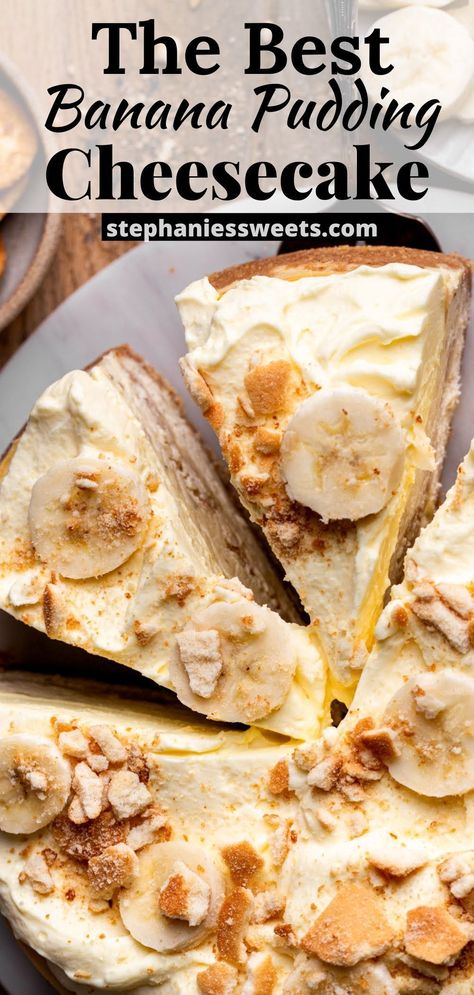 This banana pudding cheesecake tastes AMAZING! It is a banana cheesecake with sliced bananas and crushed Nilla wafers on a Nilla wafer crust, topped with a whipped vanilla pudding. Banana Pie Cheesecake, Baked Banana Dessert, Vanilla Wafer Desserts, Banana Pudding Crunch Cheesecake Recipe, Recipes With Cheesecake Pudding, Banana Cheesecake Delight, Baked Sweets Recipes, Vanilla Pudding Recipes Desserts, Vanilla Pudding Cheesecake