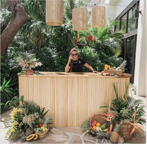 Tropical Theme Bar Decor, Tropical Booth Design, Havana Nights Birthday Party Theme, Boho Wine Bar, Tropical Theme Bar, Tropical Outdoor Furniture, Tropical Night Party, Tropical Buffet, Bar Booth