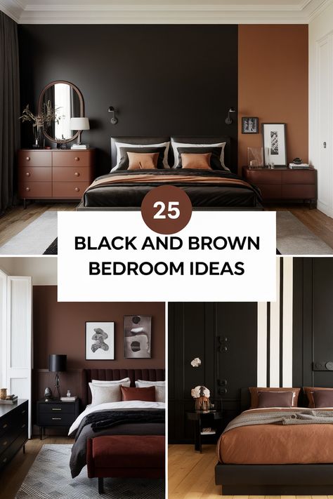 25 Stunning Black and Brown Bedroom Ideas That Exude Warmth and Sophistication Black Tan Bedding, Browns And Black Bedroom, Chocolate And Black Bedroom Ideas, Bedroom Ideas Black And Brown, Black And Brown Walls, Brown Wall Room Ideas, Dark Brown Wall Bedroom Ideas, Black And Dark Brown Bedroom, Western Moody Bedroom