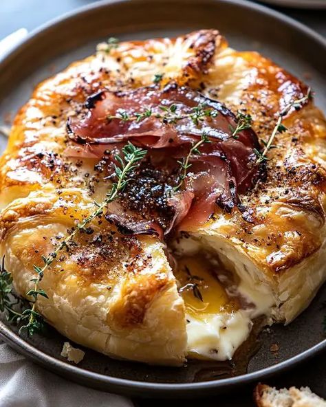 Baked Brie in Puff Pastry with Honey, Fig, and Prosciutto - Miarecipes Fig And Prosciutto, Baked Brie In Puff Pastry, Brie In Puff Pastry, Lobster Cream Sauce, Brie Cheese Recipes, Baked Brie Recipes, Brie Puff Pastry, Brie Appetizer, Puff Pastry Appetizers