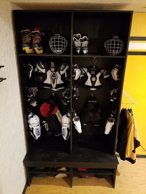 Diy Hockey Locker Plans, Hockey Storage Garage, Garage Hockey Storage, Hockey Gear Storage Ideas, Hockey Lockers In Garage, Hockey Bag Storage Ideas, Hockey Storage Ideas, Hockey Equipment Storage Ideas, Hockey Bag Storage