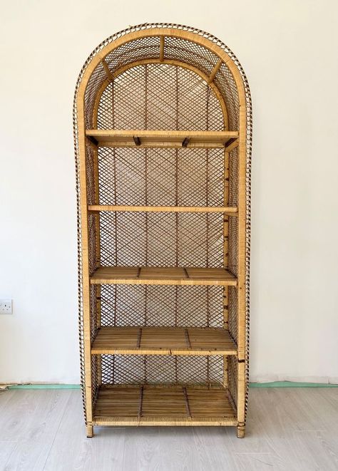 A tall vintage wicker Etagere or Bookshelf. Great piece of storage for a student or the smaller interior. Good bathroom shelving as well. Wicker Bookshelf, Rattan Bookshelf, Bookshelf Vintage, Good Bathroom, Bathroom Shelving, Removable Shelves, The Arch, Vintage Wicker, Bathroom Shelves