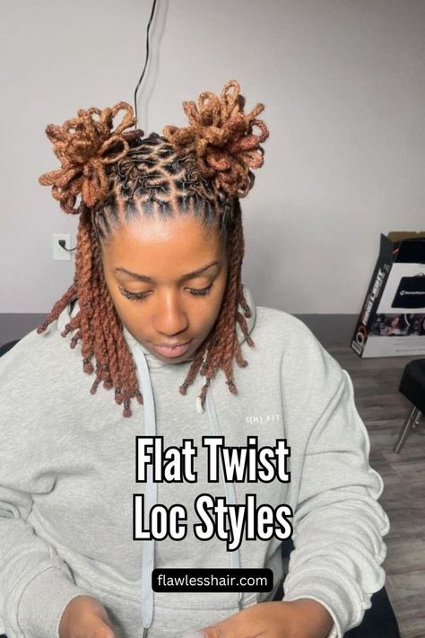 Flat Twist Locs Petal Space Buns 2 Strand Loc Styles, Locs Petal Bun, Cute Dreadlocks Hairstyles Black Women, Loc Space Buns, Locs Styles For Short Hair, Flat Twist Locs, Flat Twist Loc Styles, Petal Bun Locs, Loc Petal Styles