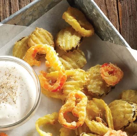 Fried Pickles & Peppers Recipe | Mt Olive Pickles Pickles Peppers, Fried Banana Peppers, Bacon Wrapped Pickles, Pickled Pepper Recipe, Wrapped Pickles, Recipes With Banana Peppers, Deep Fried Bananas, Pickled Banana Peppers, Ranch Dipping Sauce