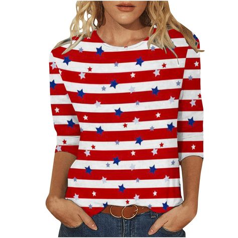 Womens Patriotic Graphic Tees 3/4 Sleeve Tunic USA Flag Shirt Loose Fitted Summer Blouses 4Th of July Party Shirts (As an Amazon Associate I earn from qualifying purchases) Camping Clothes, Beach Tops Summer, Tunic Tops Summer, Ladies Tops Blouses, Womens Tops Dressy, Patriotic Shirt, Short Sleeve Shirt Women, Sleeves Blouse, Womens Tops Summer