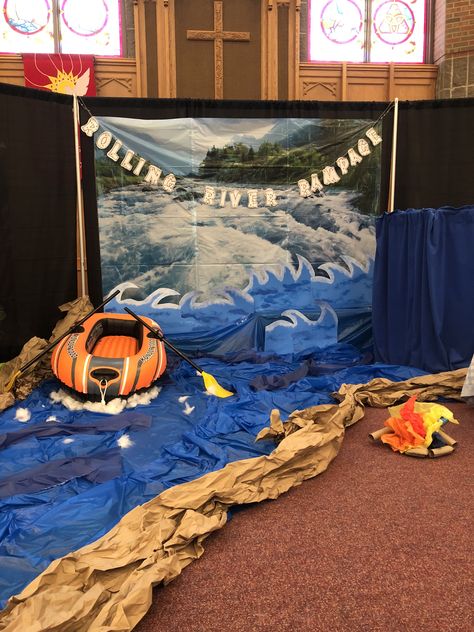 River Display Classroom, River Rafting Adventure Vbs, Camp Out Vbs, Camping Dramatic Play, Vbs Ocean Theme, Monumental Vbs, Boat Props, Camping Preschool, Ocean Vbs