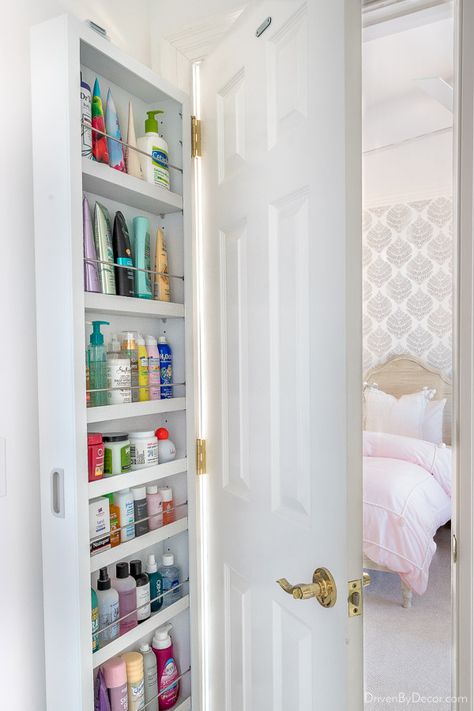 Door Ideas For Small Spaces, Storage In Bathroom, Behind Door Storage, Bathroom Door Ideas, Small Bathroom Storage Cabinet, Driven By Decor, Small Bathroom Storage, Girls Bathroom, Bathroom Storage Cabinet