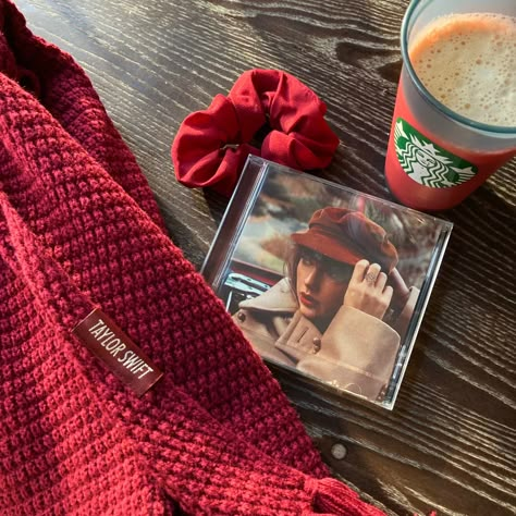 All too well scarf, Red Taylor’s version CD, red scrunchie and red Starbucks cup All Too Well Scarf Taylor Swift, Red Taylor Swift Scarf, Taylor Swift Scrunchie, Red Taylor’s Version, Red Things Aesthetic, Taylor Swift Starbucks Cup, Starbucks Taylor Swift, Red Scarf Aesthetic, Red Taylors Version Aesthetic