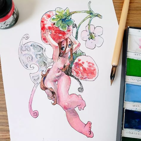 Fruit Dress Drawing, Blueberrivv Art, Milkywaes Art, Puririkaaa Art, Fruit Character Design, Exotic Drawing, Fruit Illustration Art, Fairies Drawing, Fairy Character Design