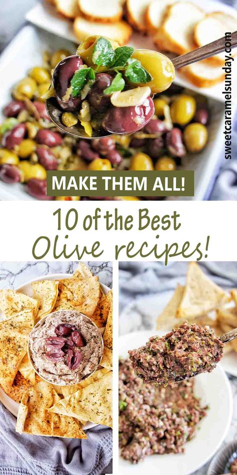 A selection of 10 olive recipes using green, kalamata, black and spicy olives. Tapenades, roasted olives and creamy olive dip recipes. #oliverecipes #easyrecipes #appetizers @sweetcaramelsunday Olive Dip Recipe, Baked Olives, Roasted Olives, Olive Dip, Most Popular Recipes On Pinterest, Olive Recipes, Paid Ads, Chopping Block, Easy Homemade Recipes