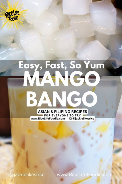 mango bango with nata de coco pinterest pin Mango Fruit Recipes, Biko Recipe Filipino Desserts, Mango Bango Recipe, Mango Sago Dessert Recipe, Mango Float Recipe Filipino Desserts, Filipino Recipes Easy, Mango Desert, Filipino Mango, Mango Sago Recipe