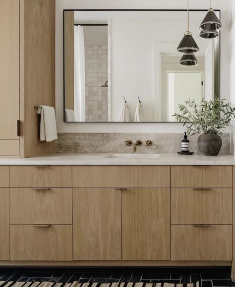 European Bathroom Vanity, Bathroom Cabinetry Ideas, Amber Interiors Bathroom, Jenna Barton, Transitional Bathroom Design, Modern Bathroom Vanities, Oak Bathroom Vanity, Wall Faucet, Oak Bathroom