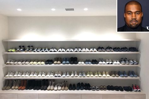 Kanye West Shares a Rare Look Inside His Epic Shoe Closet Kanye West House Aesthetic, Kanye West Closet, Kim Kardashian Closet Room, Sneaker Closet Ideas, Kanye West House, Kanye West Home, Kim Kardashian Shoes, Kim Kardashian Closet, Kardashian Lifestyle