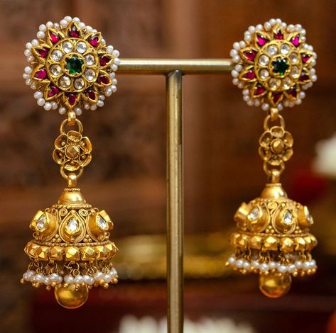 Chandini Earrings Gold, Jadtar Earrings, Gold Buttalu, Pearl Jhumkas, Big Earrings Gold, High Jewelry Design, Kundan Jhumka, Gold Jhumkas, Vintage Indian Jewelry