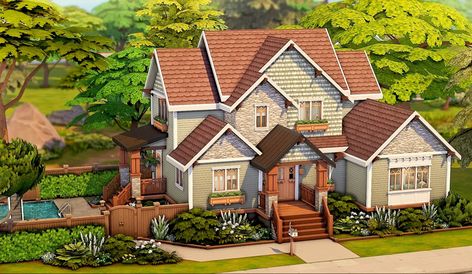 23 Eucalyptus Lane Sims 4, Growing Together Sims 4 House, Sims Suburban Home, Sims 4 Craftsman, Sims 4 One Story House, Craftmans House, Suburban House Exterior, Sims4 Inspiration, Brindleton Bay