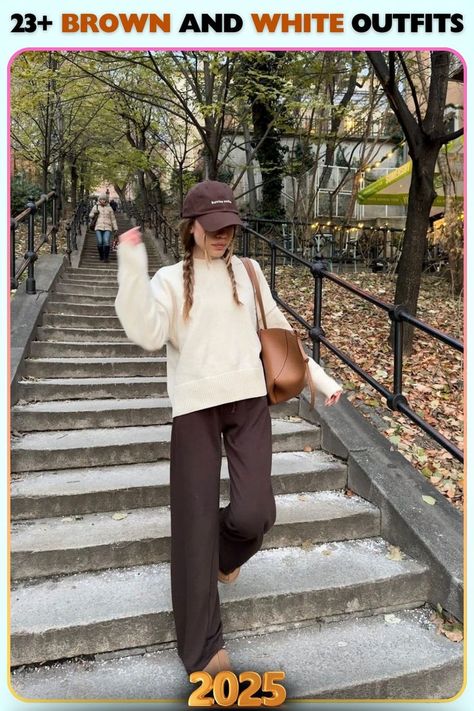 Relaxed brown joggers paired with a cream knit sweater. This casual yet stylish outfit offers cozy comfort and neutral tones for laid-back days in winter. Brown And White Outfit, Cream Sweater Outfit, White Outfit Ideas, Outfit Ideas For Winter, Brown Joggers, Cream Knit Sweater, Joggers Outfit, Seasonal Wardrobe, Sweater Outfit