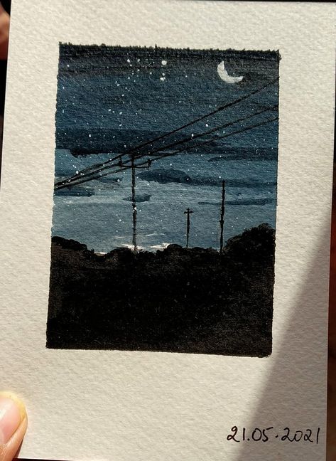 How To Paint Night Sky Watercolor, Polaroid Acrylic Painting, Summer Night Painting, Polaroid Paintings Aesthetic, Sky Drawing Aesthetic, Polaroid Drawing Ideas Aesthetic, Polaroid Picture Painting, Poloroid Paintings Easy Aesthetic, Night Sky Aesthetic Painting