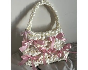 Crochet Bag Aesthetic, Coquette Bag, Coquette Crochet, Ribbon Crochet, Bow Crochet, Ribbon Bag, Rose Bag, Minimalist Bag, Bow Bag