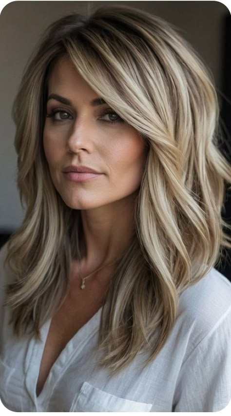 Latest Medium Length Haircut, Medium Length Haircut Easy To Style, Women Layered Haircut Medium, Medium Trendy Haircuts For Women, Fall Hair Styles Medium Length, Haircuts For Fall 2024, Hair Cuts For Moms, Long Length Haircut With Bangs, Classy Medium Length Haircut