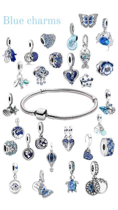 Pandora bracelet with blue charms Pandora Blue, Blue Charm, Pandora Bracelet Charms, Bracelet Blue, Pandora Charm, Charm Rings, Pandora Bracelets, Pandora Bracelet, Dream Jewelry