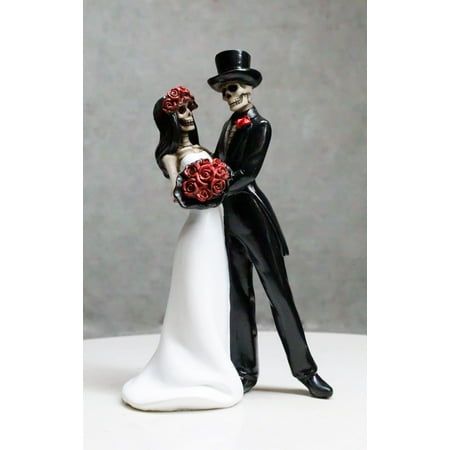 This Love Never Dies Wedding Dance Skeleton Couple Cake Topper figurine is 6.25" tall, 4.25" long and 2.5" deep approximately. The figurine weighs about 8 ounces.  This Love Never Dies Wedding Dance Skeleton Couple Cake Topper figurine is made of designer composite resin, hand painted and polished. Color Tone may vary slightly from pictures.  This Skeleton Wedding Couple is a perfect wedding anniversary gift as well as an awesome decor for the day of the dead celebration. You can also use it as a cake topper! Love never dies and you take it to your grave and more! It features a beautiful bride and her groom holding a red rose floral bouquet while bracing for a 'Wedding First Dance'. This figurine is a symbol of eternal love and as the saying goes "True Love Never Dies"  This is an Ebros Gi Maroon And Black Wedding Ideas, Skeleton Wedding Cake Toppers, Black And Red Wedding Theme, Red Black And White Wedding, Heavy Metal Wedding, Dance Skeleton, Skeleton Wedding, Day Of The Dead Wedding, Day Of The Dead Celebration