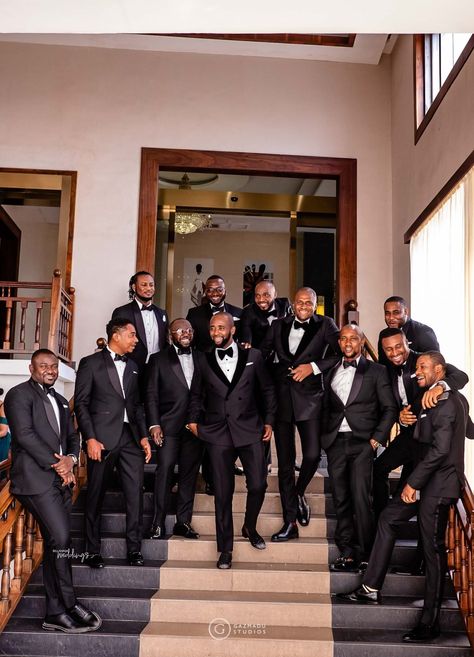 Gloria and Princewill's White Wedding Came with all the Beauty & Sauce Black Tuxedo Wedding Groomsmen, Black Groomsmen Attire, Black And White Groomsmen, Tuxedo Ideas, Tuxedo Wedding Groomsmen, Groomsmen Wedding Photos, Black Groom, Groomsmen Party, Wedding Party Photography