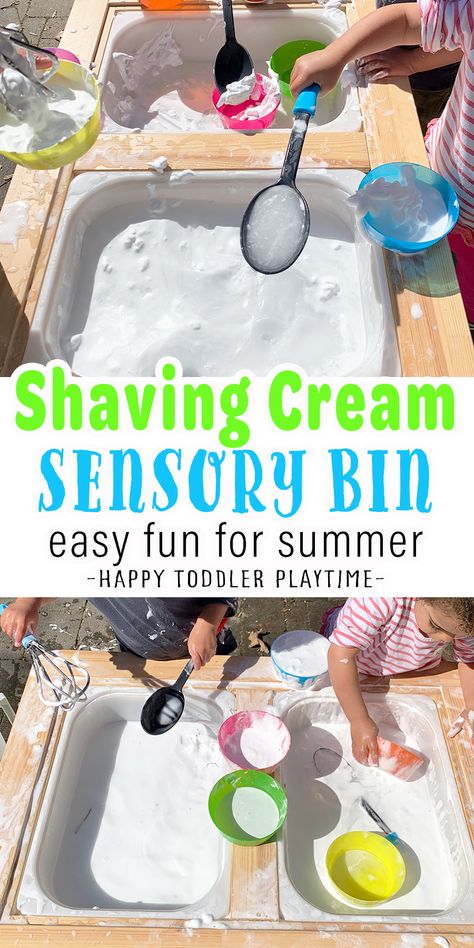 Shaving Cream Sensory Play for Kids - HAPPY TODDLER PLAYTIME Water Table Ideas, Sensory Bins For Toddlers, Sensory Water, Summer Activities For Toddlers, Homeschool Stem, Water Table Activities, Senses Preschool, Homeschooling Preschool, Baby Play Activities