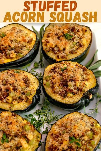 Acorn Squash Stuffed, Sausage Stuffed Acorn Squash, Veggie Casseroles, Savory Bakes, Acorn Squash Recipe, Stuffed Vegetables, Vegetable Burger, Roasted Acorn Squash, Stuffed Acorn Squash