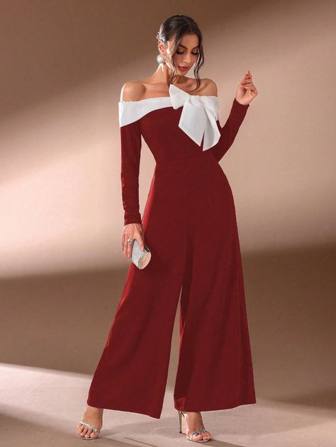 Burgundy Red Women's Colorblock Bow Detail Christmas Party Jumpsuit Burgundy Elegant  Sleeveless Woven Fabric Colorblock,Plain Unitard Slight Stretch  Weddings & Events, size features are:Bust: ,Length: ,Sleeve Length: Christmas Party Jumpsuit, Red Christmas Card, Fancy Jumpsuit, Sparkly Jumpsuit, Party Jumpsuit, Christmas Outfit Ideas, Trendy Christmas Outfits, Christmas Party Outfits, Christmas Outfits