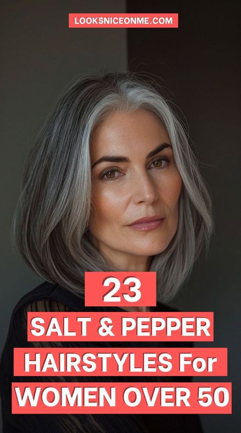 Discover the most flattering and stylish grey hairstyles for women over 50 that highlight your natural beauty. Wild Grey Hair, Over 50 Gray Hairstyles For Women, Salt And Pepper Lob Haircut, Silver Sisters Hair Aging Gracefully, Salt And Pepper Short Hair Over 50, Salt And Pepper Hair With Lowlights, Thick Grey Hair Styles Over 50, Hairstyles For Greying Hair, Grey Hair Black Highlights