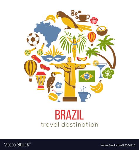 Brazil Illustration, Brazil Design, Brazil Culture, Wanderlust Art, Brazilian Flag, Scrapbook Borders, Brazil Travel, Flat Icons, Iconic Landmarks