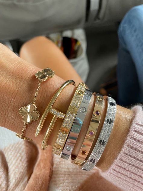 Cartier Love Bracelet Stack, Love Bracelet Stack, Vintage Alhambra Bracelet, Alhambra Bracelet, Luxury Backpack, Expensive Jewelry Luxury, Cartier Bracelet, Wrist Jewelry, Luxe Jewelry