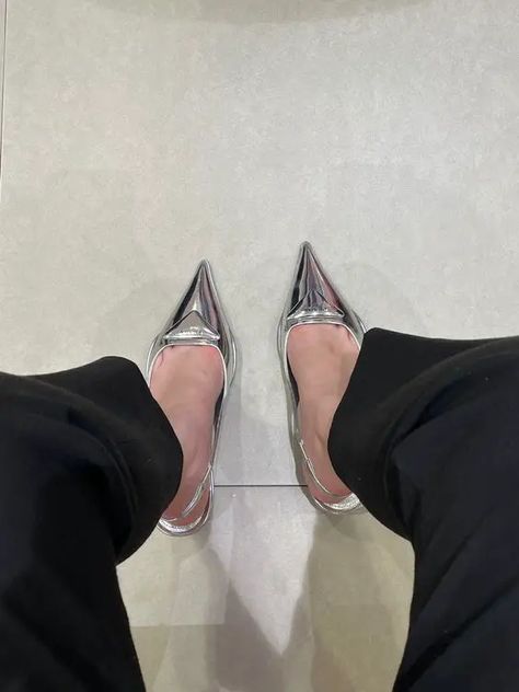 Metallics | 8 New 2023 Fashion Trends You Need in Your Closet Prada Silver Heels, Prada Pumps Outfit, Prada Slingback Pumps Outfit, Prada Slingback Pumps, Prada Slingback, Maxi Denim Skirts, Chanel Mules, Versace Heels, Pregnant Outfits