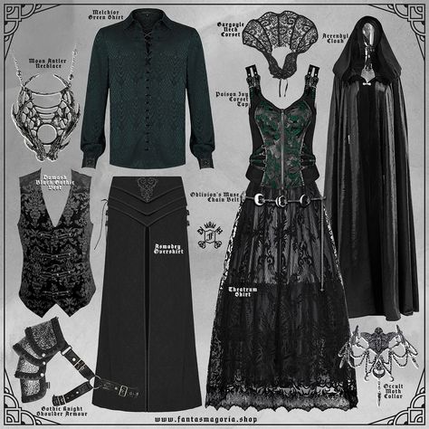 Couple outfits: Gothic (Dark) Elf style 🖤💚 dark and mystical Gothic Elf aesthetic, with intricate details and rich textures. The outfit on the left features a deep emerald green shirt with a subtle sheen, peeking from beneath richly decorated waistcoat with elaborate patterns. The waistcoat is paired with matching black over skirt that have a brocade-like texture, completing the regal yet mysterious look. The outfit is accentuated with layered, silver-accented shoulder armor that adds a warr... Dark Elf Outfit, Gothic Elf, Emerald Green Shirt, Outfits Gothic, Elf Aesthetic, Elf Style, Elf Outfit, Deep Emerald Green, Over Skirt